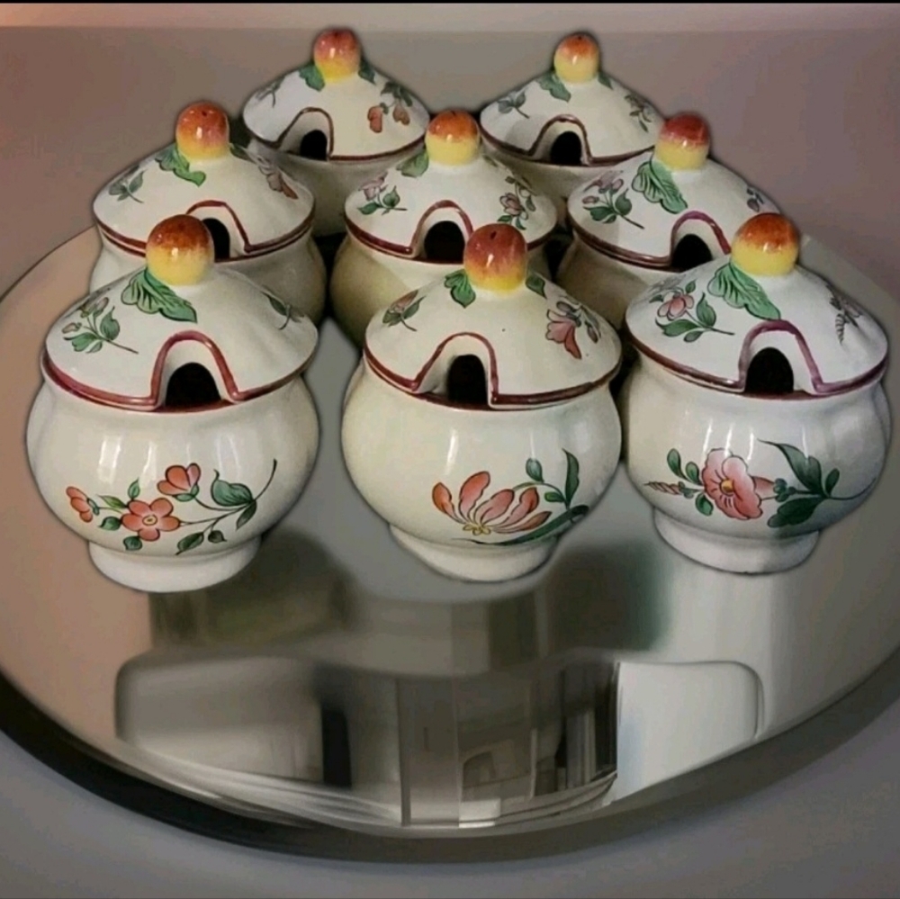 Vintage K&G Lunéville France Hand Painted Condiment Jam Pots w/ Lids Set of 8